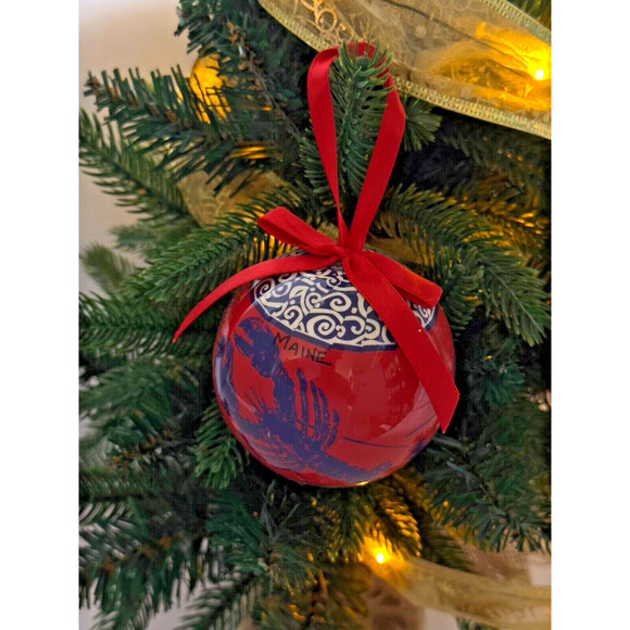 Maine Red & Blue Lobster Shatterproof Christmas Ornament Red Ribbon 3" Round - Picture 2 of 14